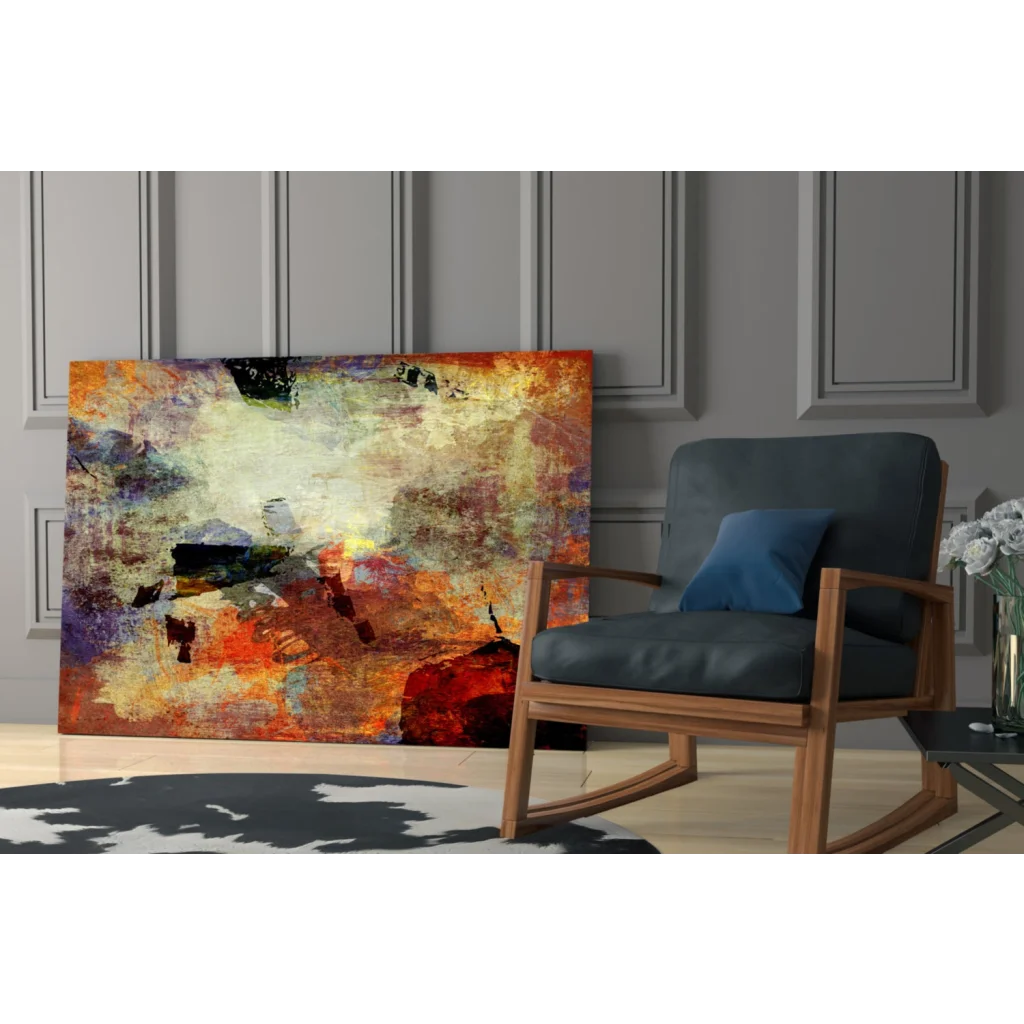 Vibrant abstract canvas wall art with bold orange, red, purple strokes