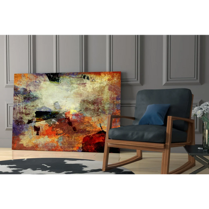Vibrant abstract canvas wall art with bold orange, red, purple strokes