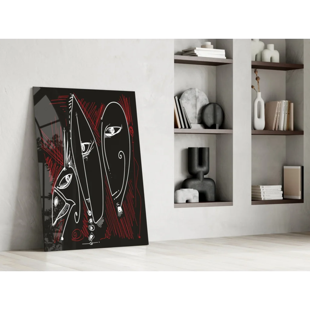 Bold red and black glass wall art with abstract white line faces