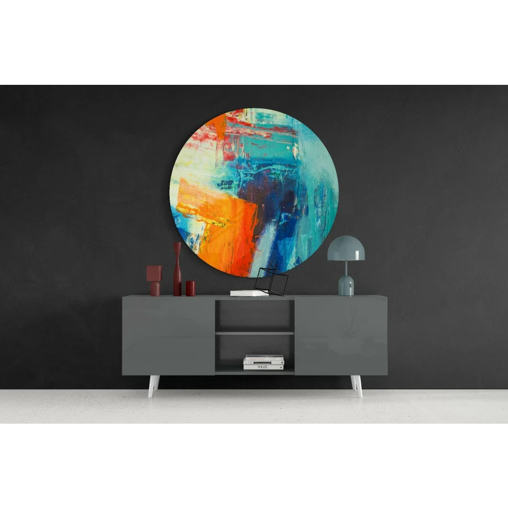 Vibrant circular tempered glass art with bold orange, blue, teal strokes