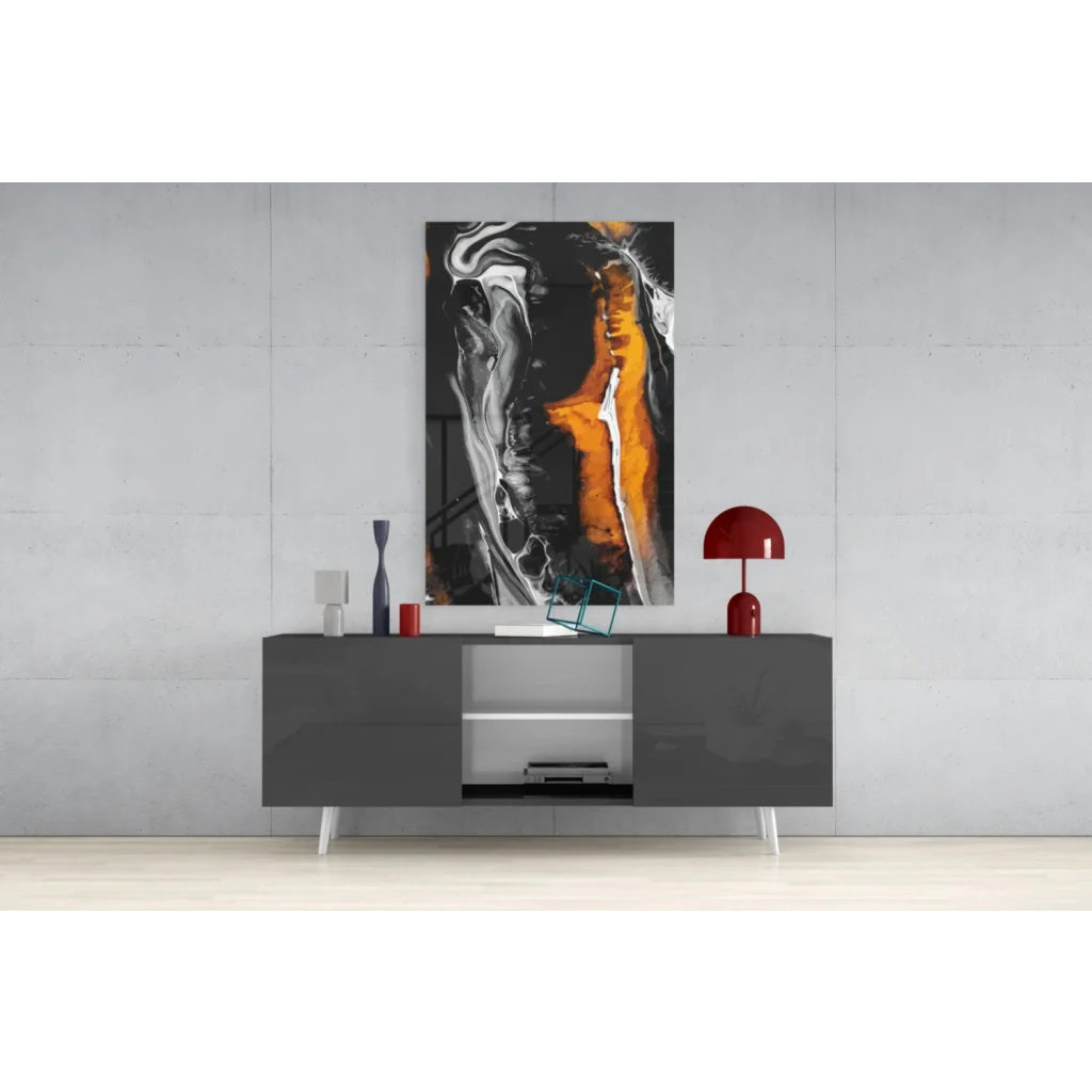 Fiery orange swirl abstract canvas wall art with glossy finish