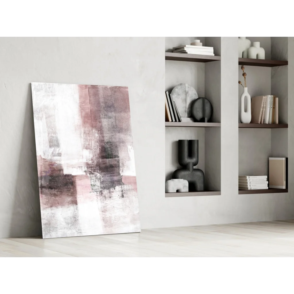 Modern abstract glass wall art with pink, white, gray brushstrokes