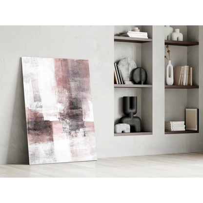 Modern abstract glass wall art with pink, white, gray brushstrokes
