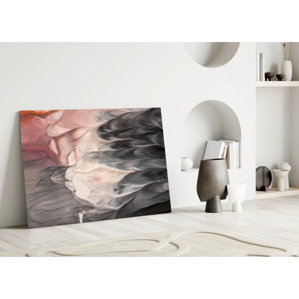 Swirling pink, gray, black abstract canvas wall art with marble texture