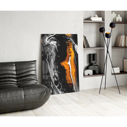 Fiery orange swirl abstract canvas wall art with glossy finish