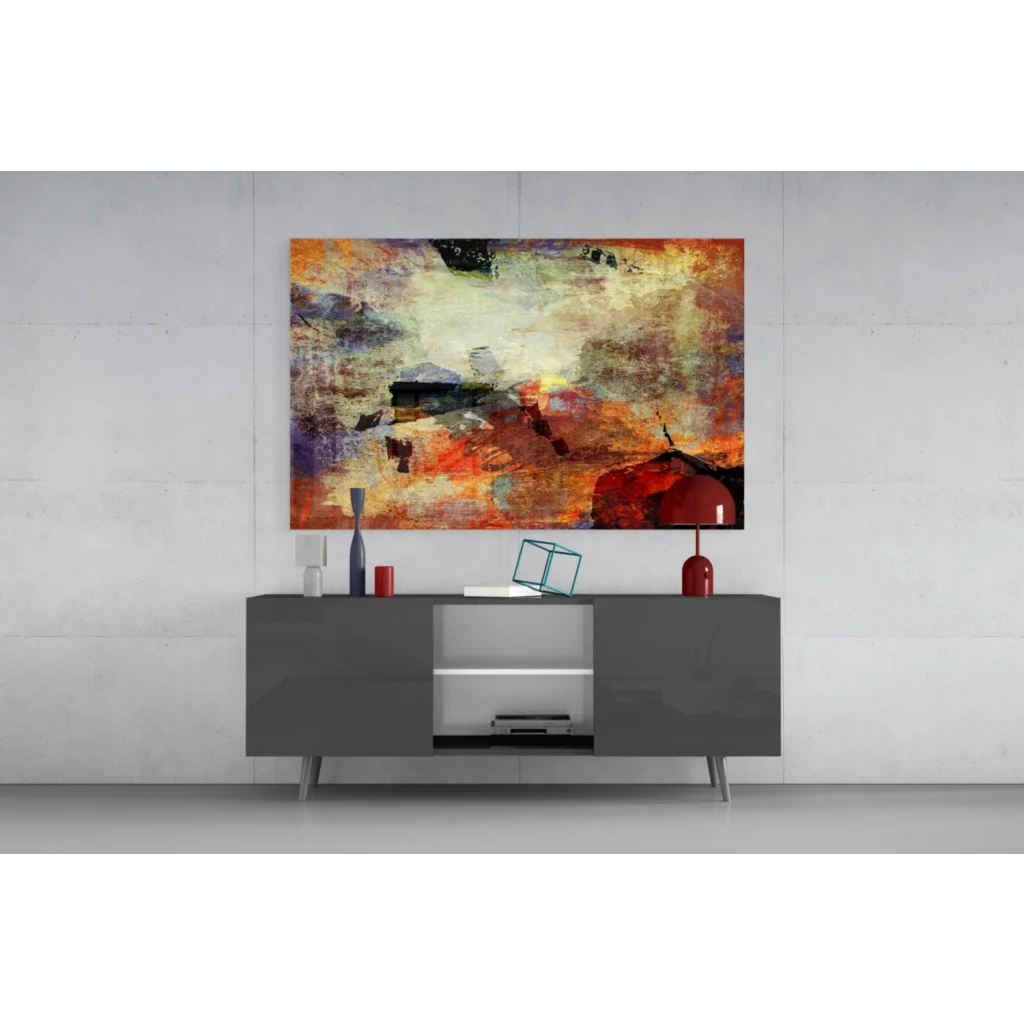 Vibrant abstract canvas wall art with bold orange, red, purple strokes