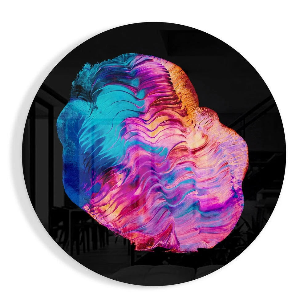 Swirling iridescent tempered glass art in vibrant blue pink orange waves