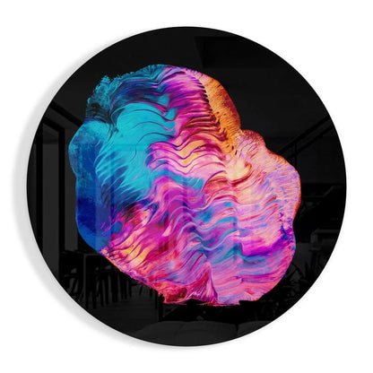 Swirling iridescent tempered glass art in vibrant blue pink orange waves