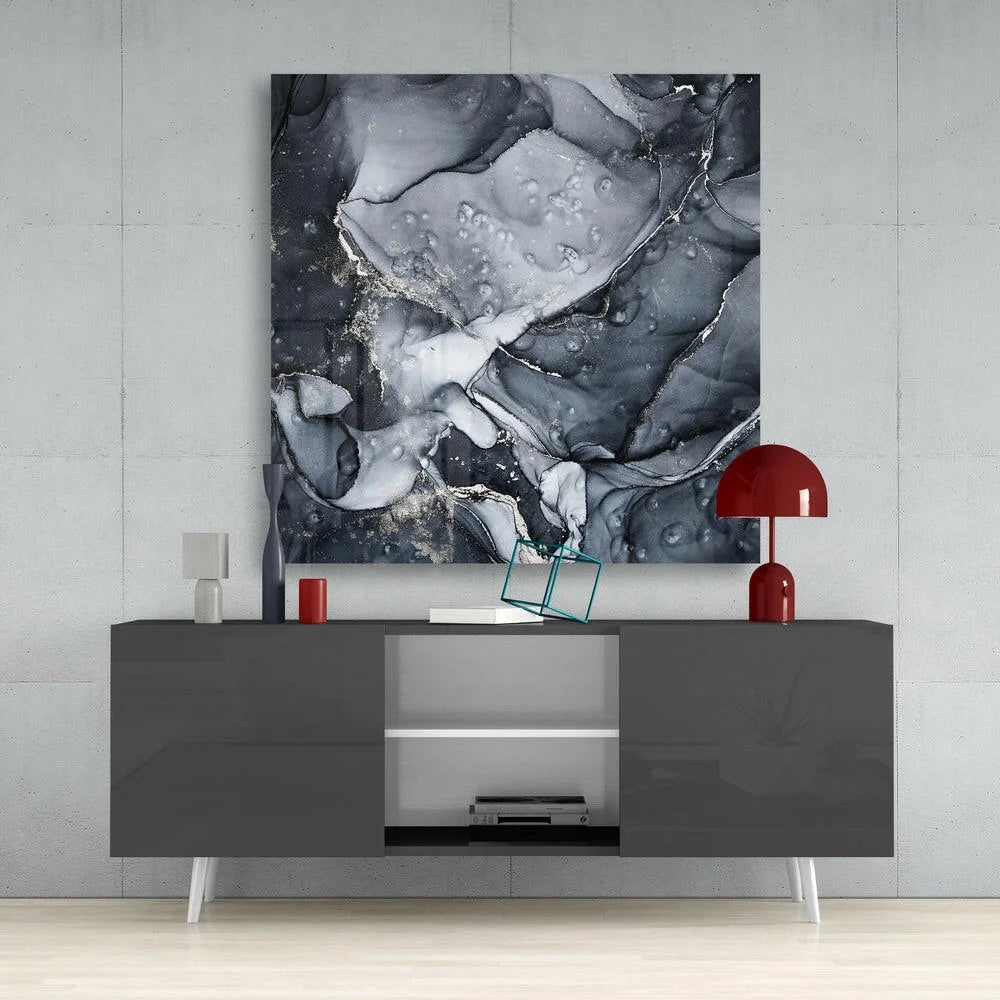 Abstract black white liquid glass wall art panel above gray console