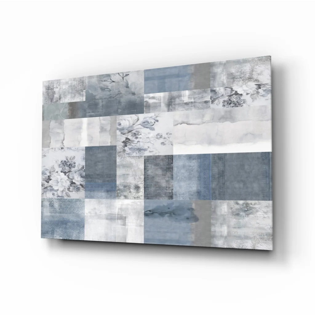 Serene Blue Floral Patchwork canvas wall art with muted blues and floral textures