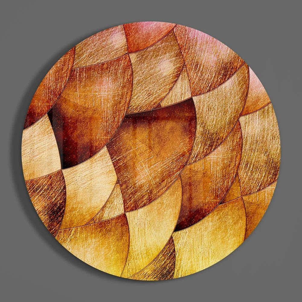 Stunning amber mosaic tempered glass art circle with interlocking textured segments in warm gold tones