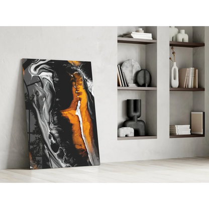 Fiery orange swirl abstract canvas wall art with glossy finish