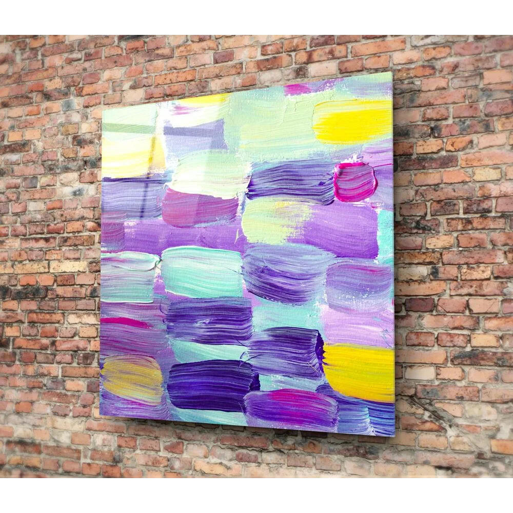 Vibrant purple teal yellow abstract canvas wall art with bold brushstrokes