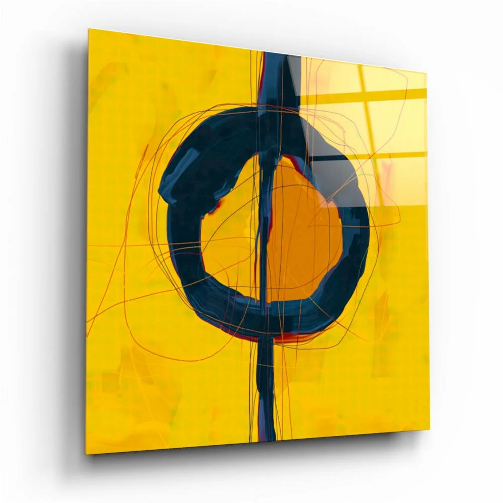 Vibrant yellow abstract wall art canvas with bold black circle and orange center