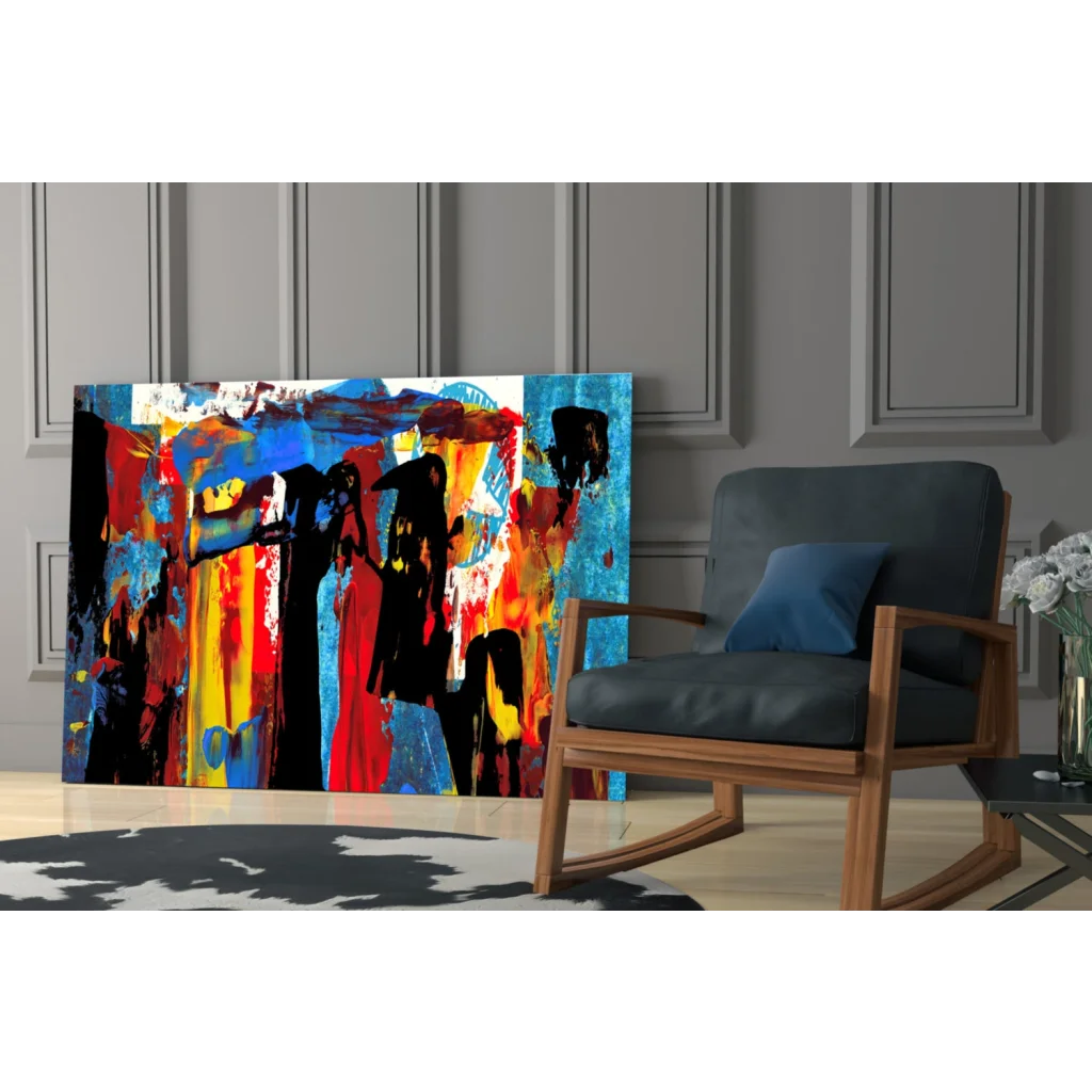 Vibrant premium tempered glass abstract wall art with bold black silhouettes