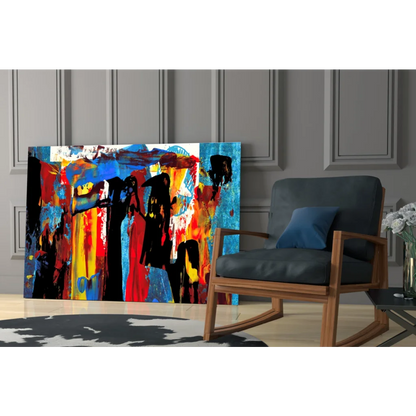 Vibrant premium tempered glass abstract wall art with bold black silhouettes