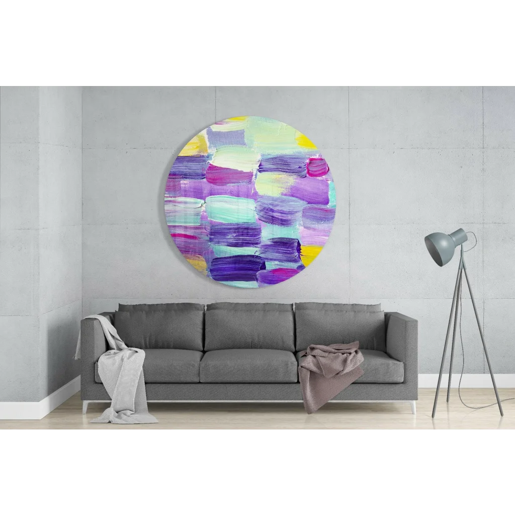 Vibrant circular tempered glass art with bold purple swirls
