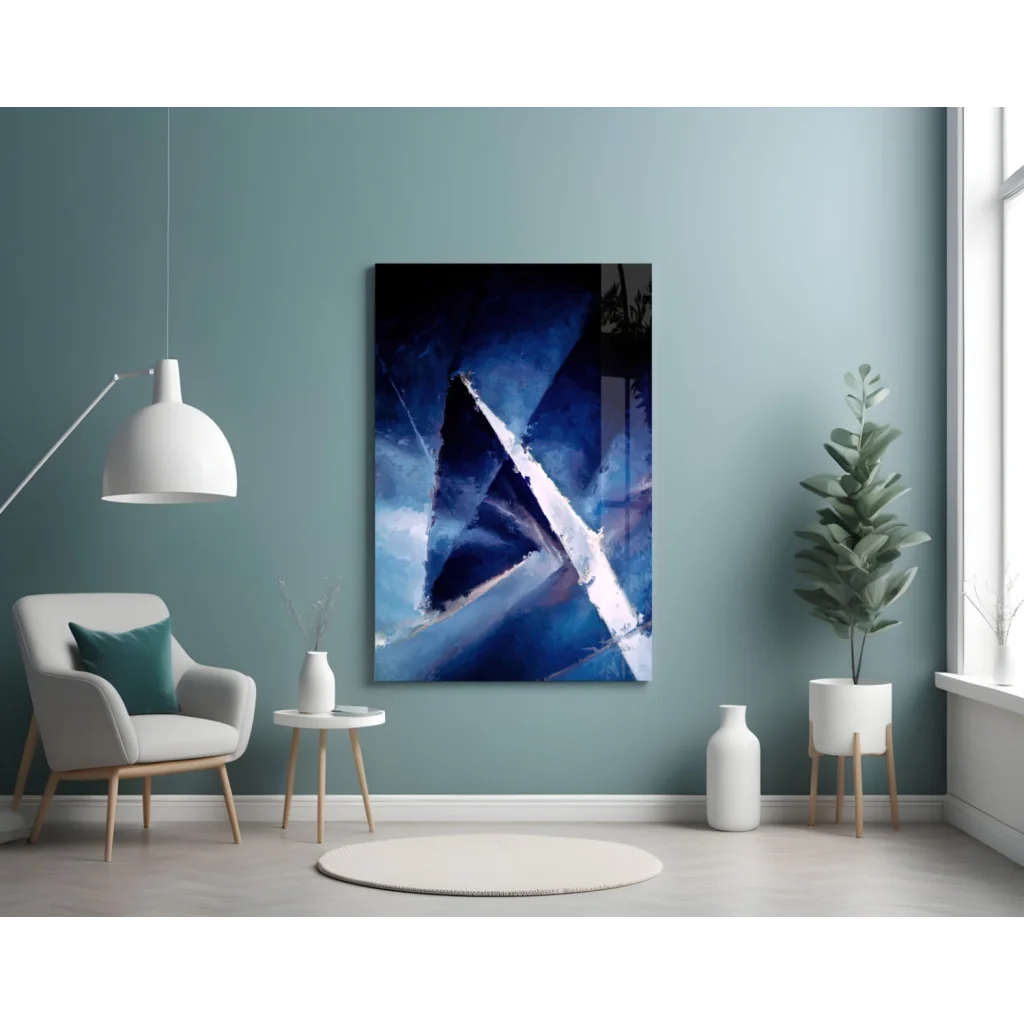 Bold blue geometric wall art canvas painting on dark background