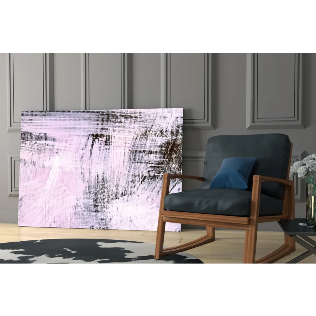 Modern abstract canvas wall art in soft pink, black, and white strokes