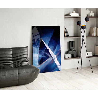 Bold blue geometric wall art canvas with striking brushstrokes on dark background