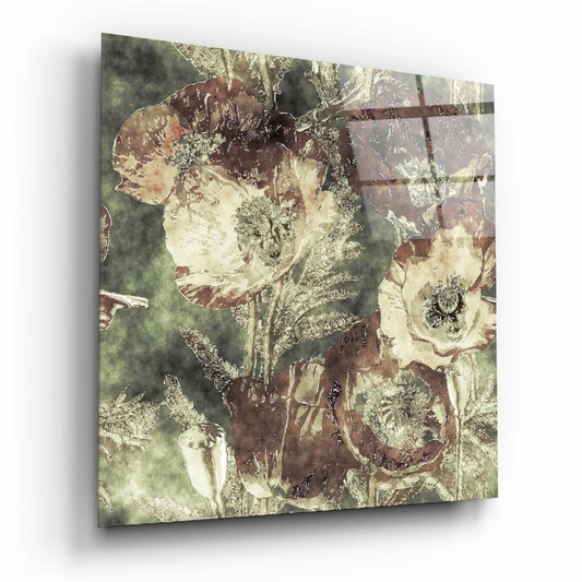 Vintage floral glass wall art with cream and brown poppies on textured green panel