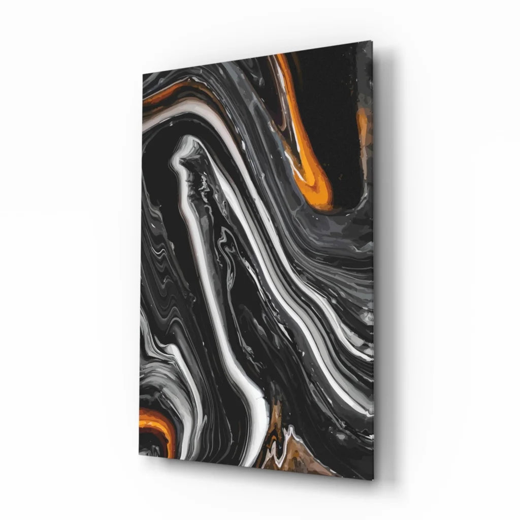 Swirling orange marble abstract wall art canvas with black, white patterns
