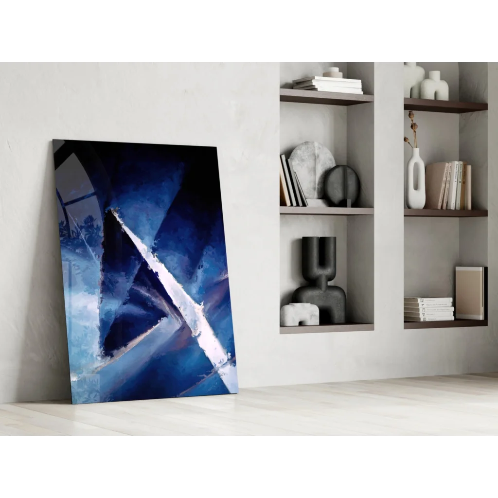 Bold blue geometric canvas wall art on minimalist wall