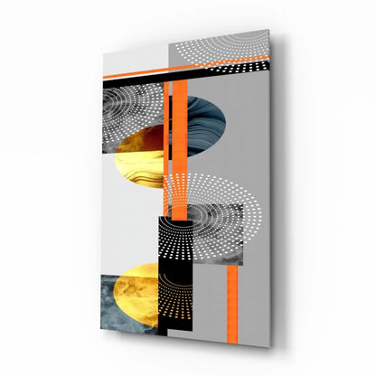 Modern bold geometric glass wall art with orange, gold, black circles
