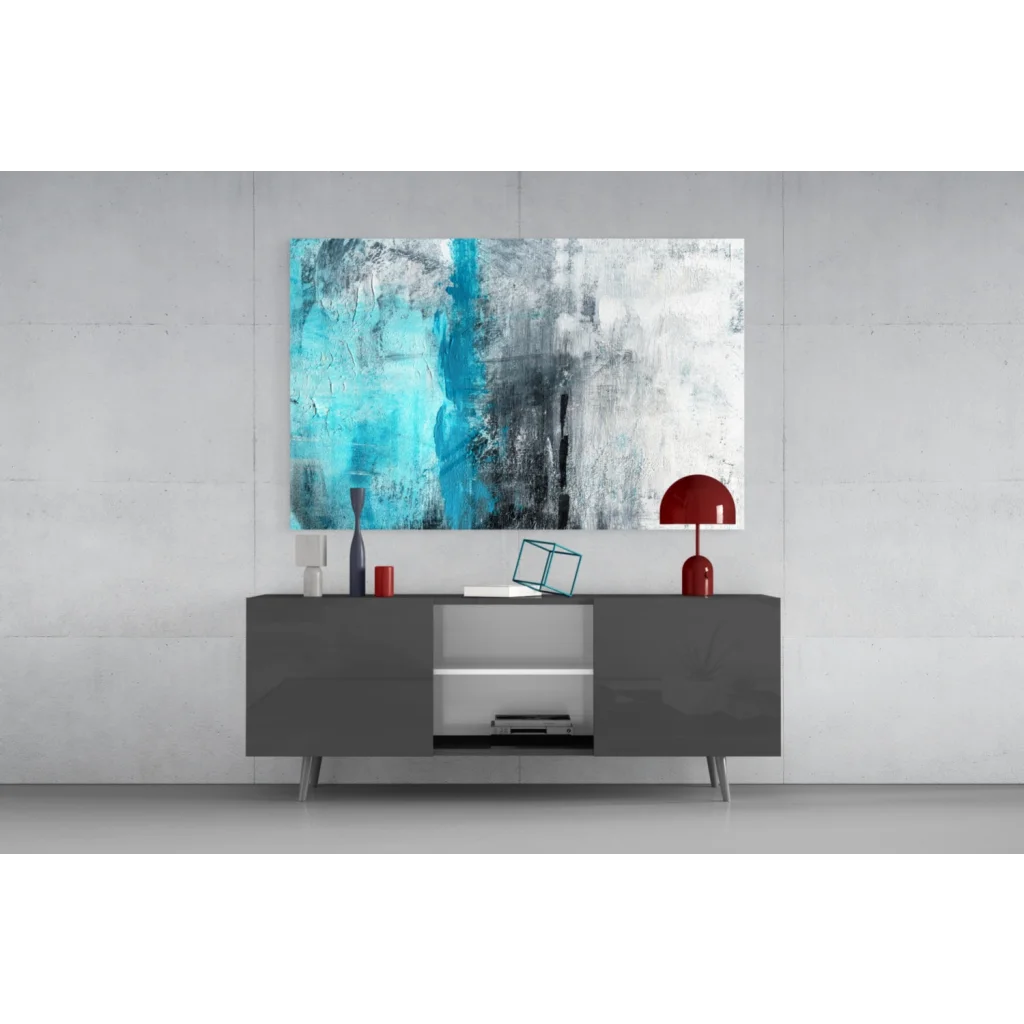 Vibrant turquoise abstract textured canvas wall art above modern console