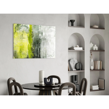Vibrant electric lime green abstract canvas wall art with bold textured gray brushstrokes