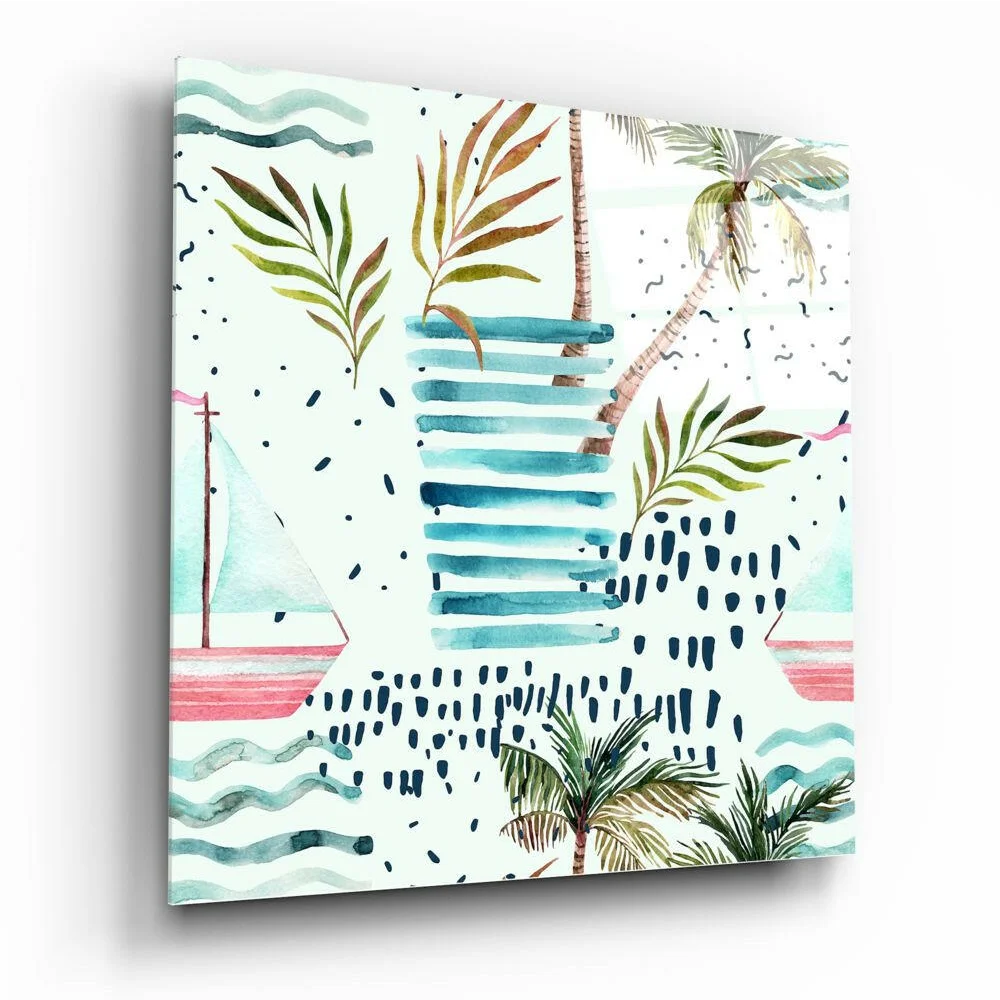 Tropical Palm Paradise canvas wall art with pink sailboats