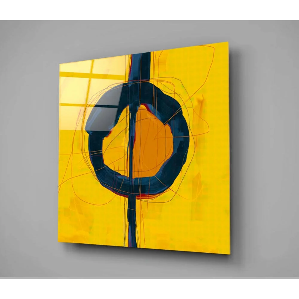 Vibrant yellow abstract wall art canvas with bold black circle, orange red accents