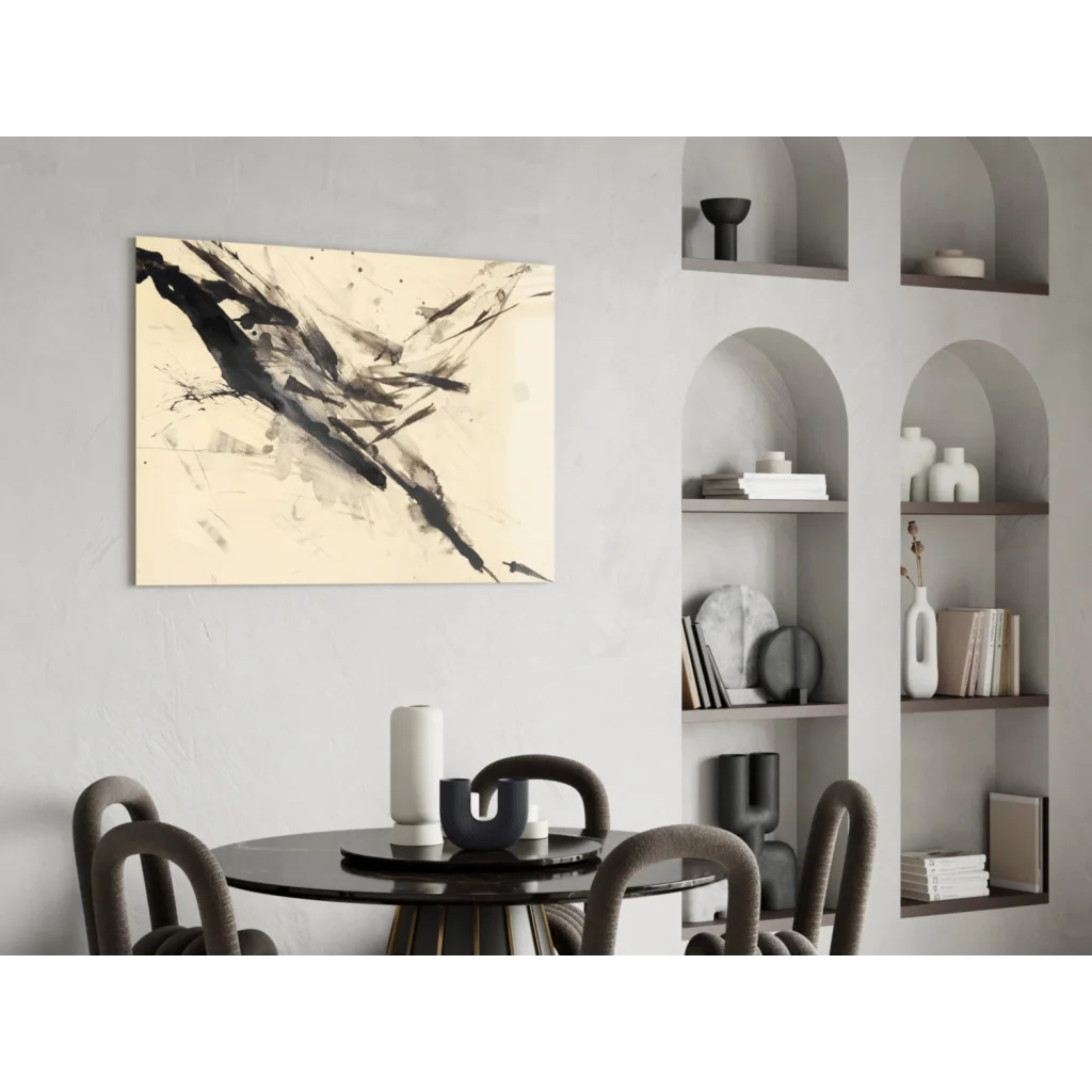 Bold abstract glass wall art with black brushstrokes on cream canvas