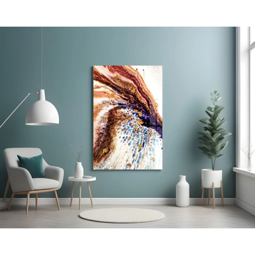 Swirling copper gold purple abstract canvas wall art on white background