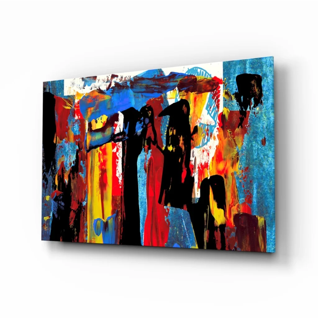 Premium tempered glass abstract wall art with bold vibrant colors