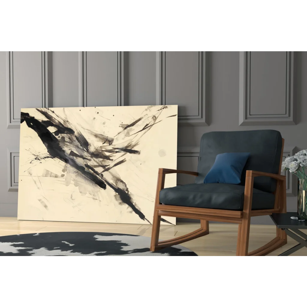 Bold abstract glass wall art with black brushstrokes on cream background