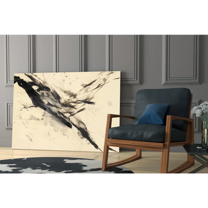 Bold abstract glass wall art with black brushstrokes on cream background
