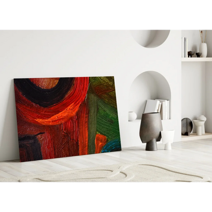 Bold red black green abstract canvas wall art with textured brushstrokes