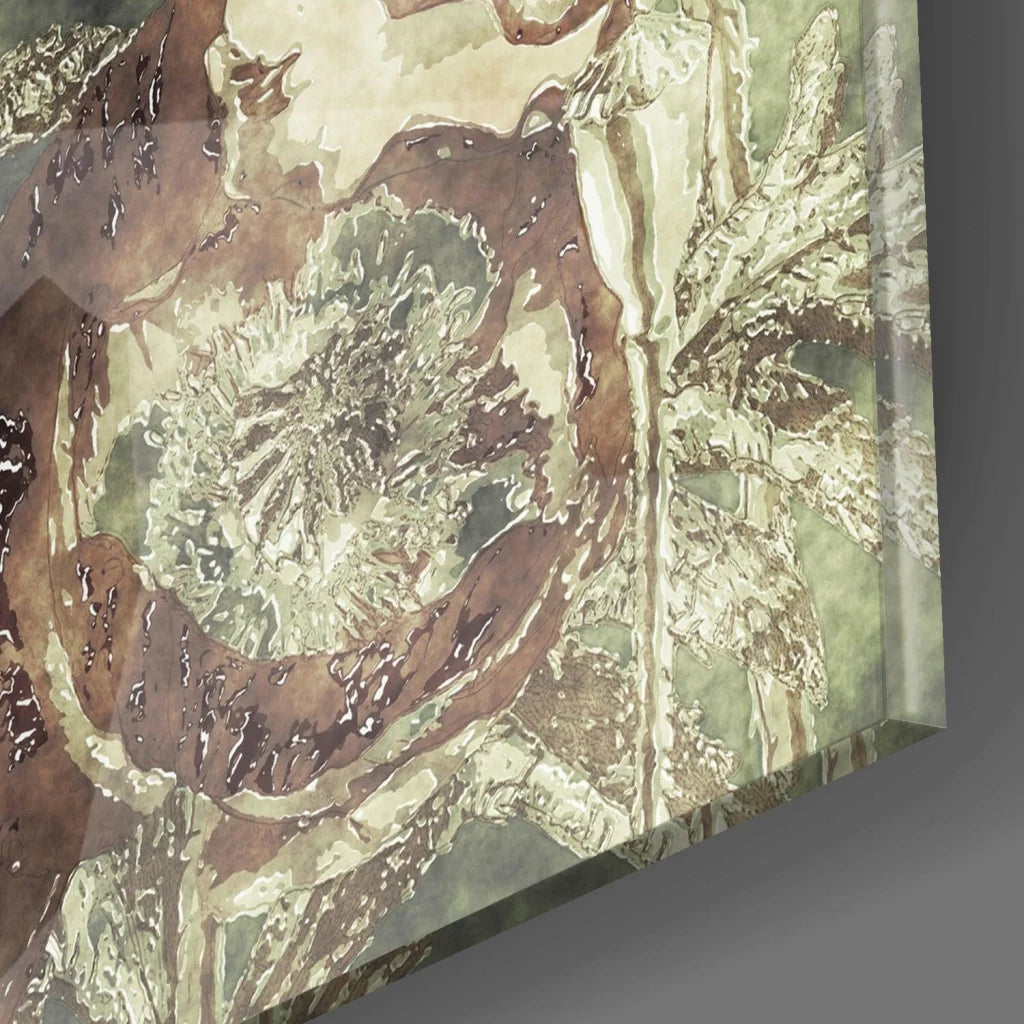 Vintage floral glass wall art with earthy textured abstract design