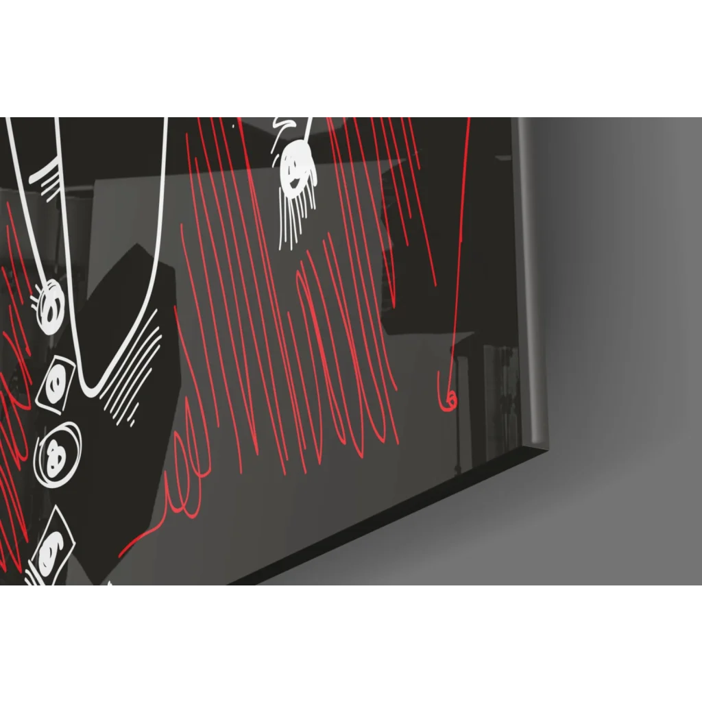 Bold red and black glass wall art with abstract faces on black screen