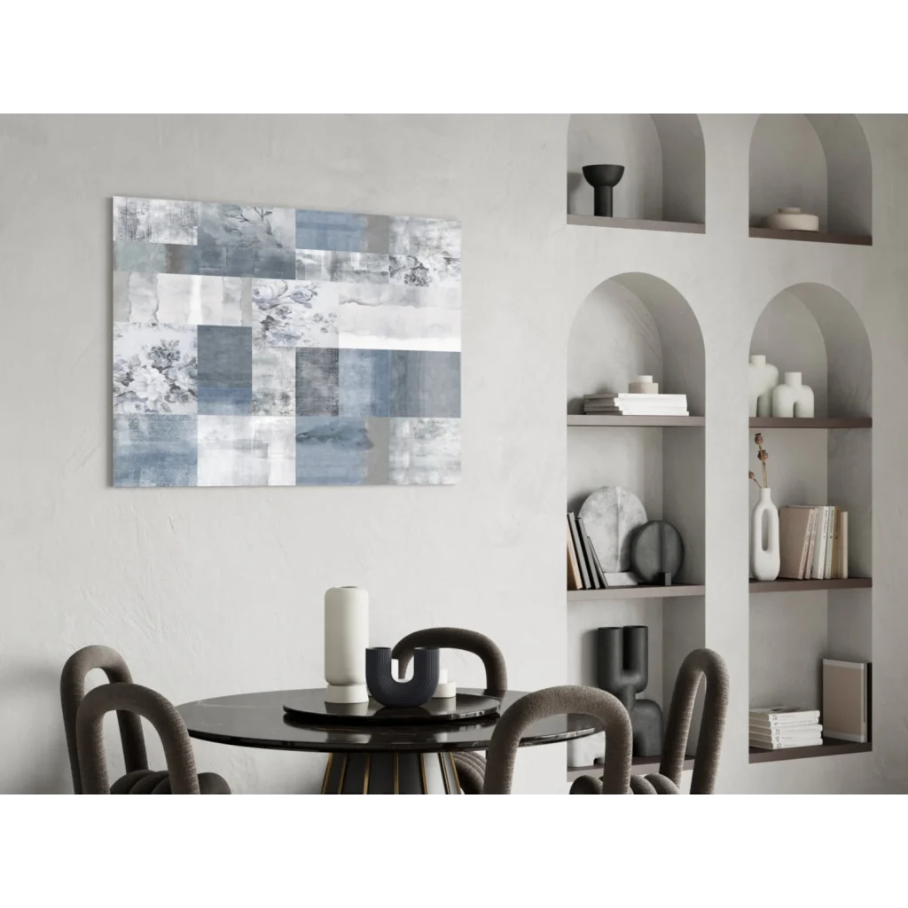 Serene Blue Floral Patchwork canvas wall art in blue, gray, white tones