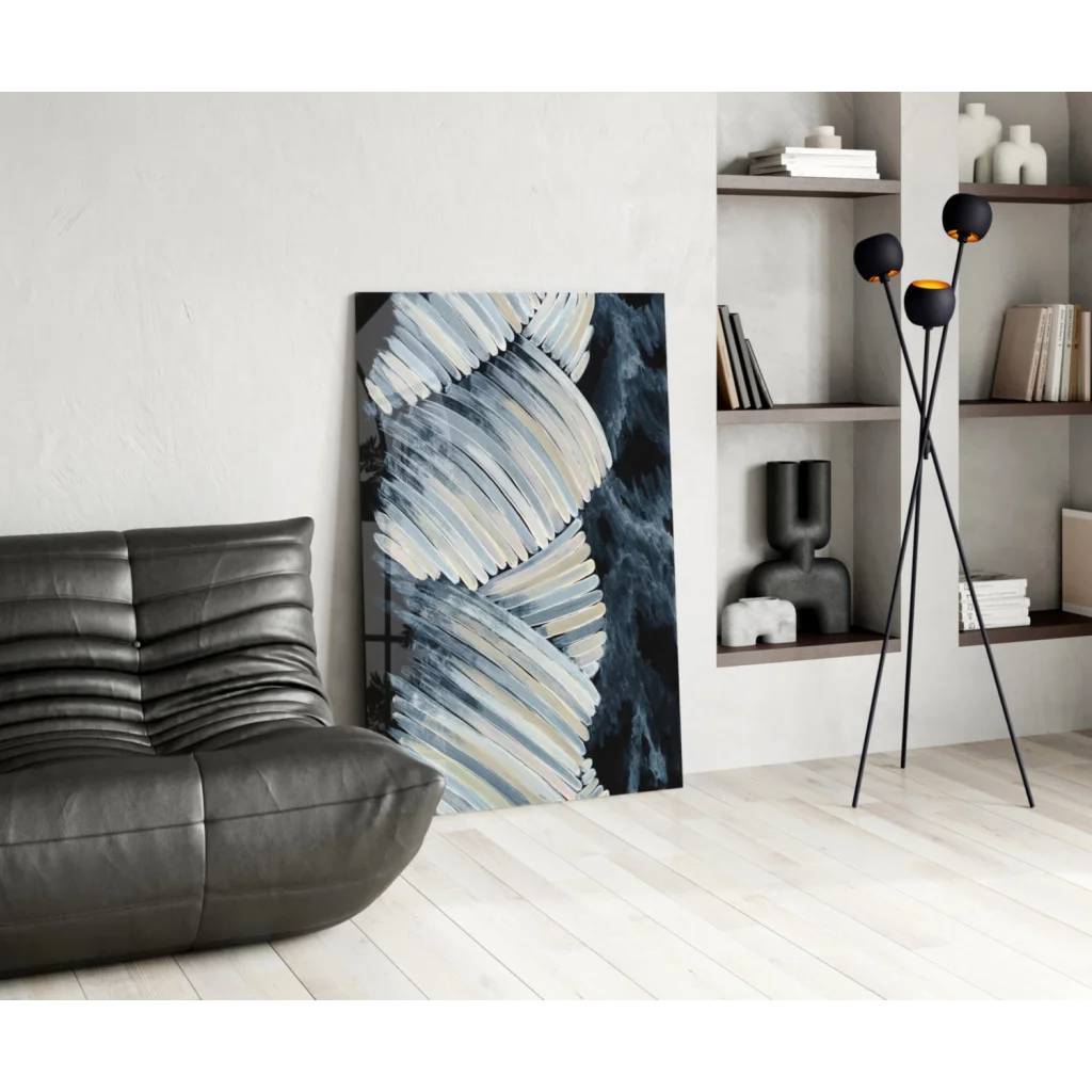 Monochrome Dynamic Storm abstract wall art over black ribbed leather sofa