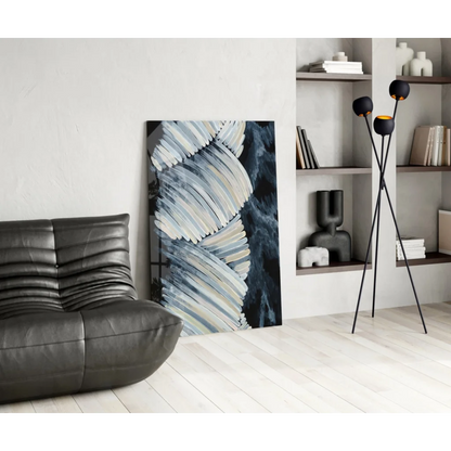 Monochrome Dynamic Storm abstract wall art over black ribbed leather sofa