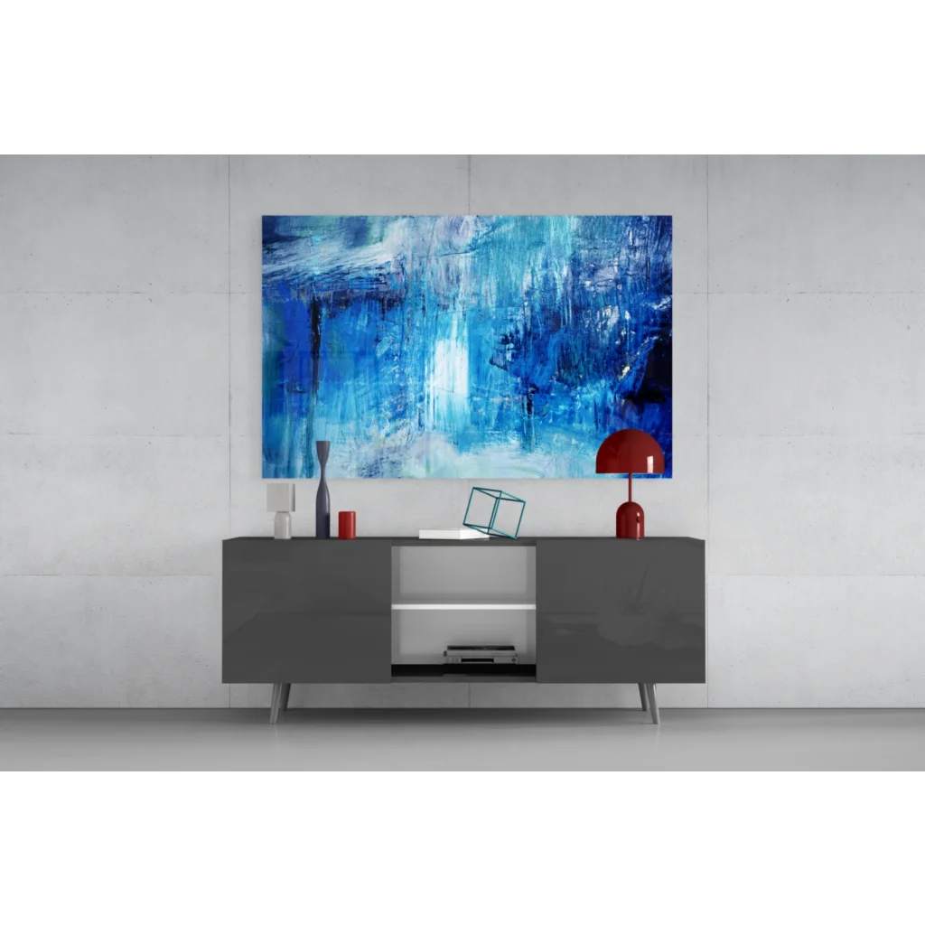 Bold blue textured abstract wall art canvas painting on minimalist wall