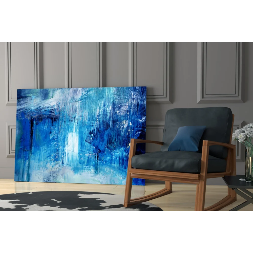 Vibrant blue textured abstract wall art canvas painting on paneled wall