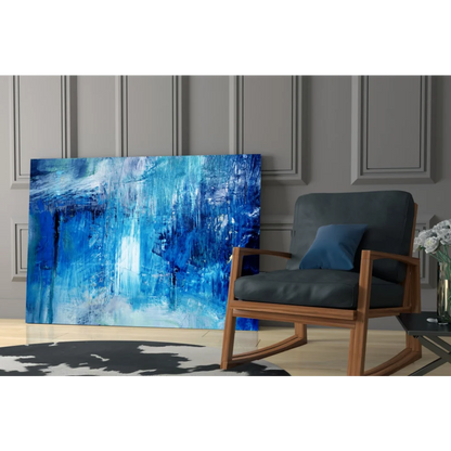 Vibrant blue textured abstract wall art canvas painting on paneled wall