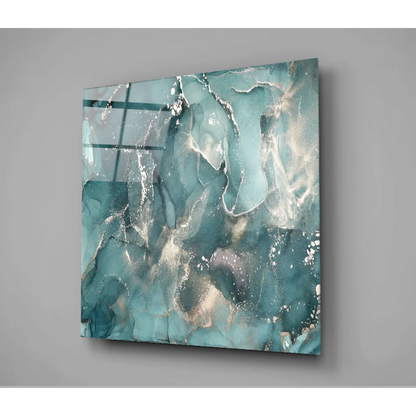 Teal and silver abstract glass wall art panel with fluid marbled patterns