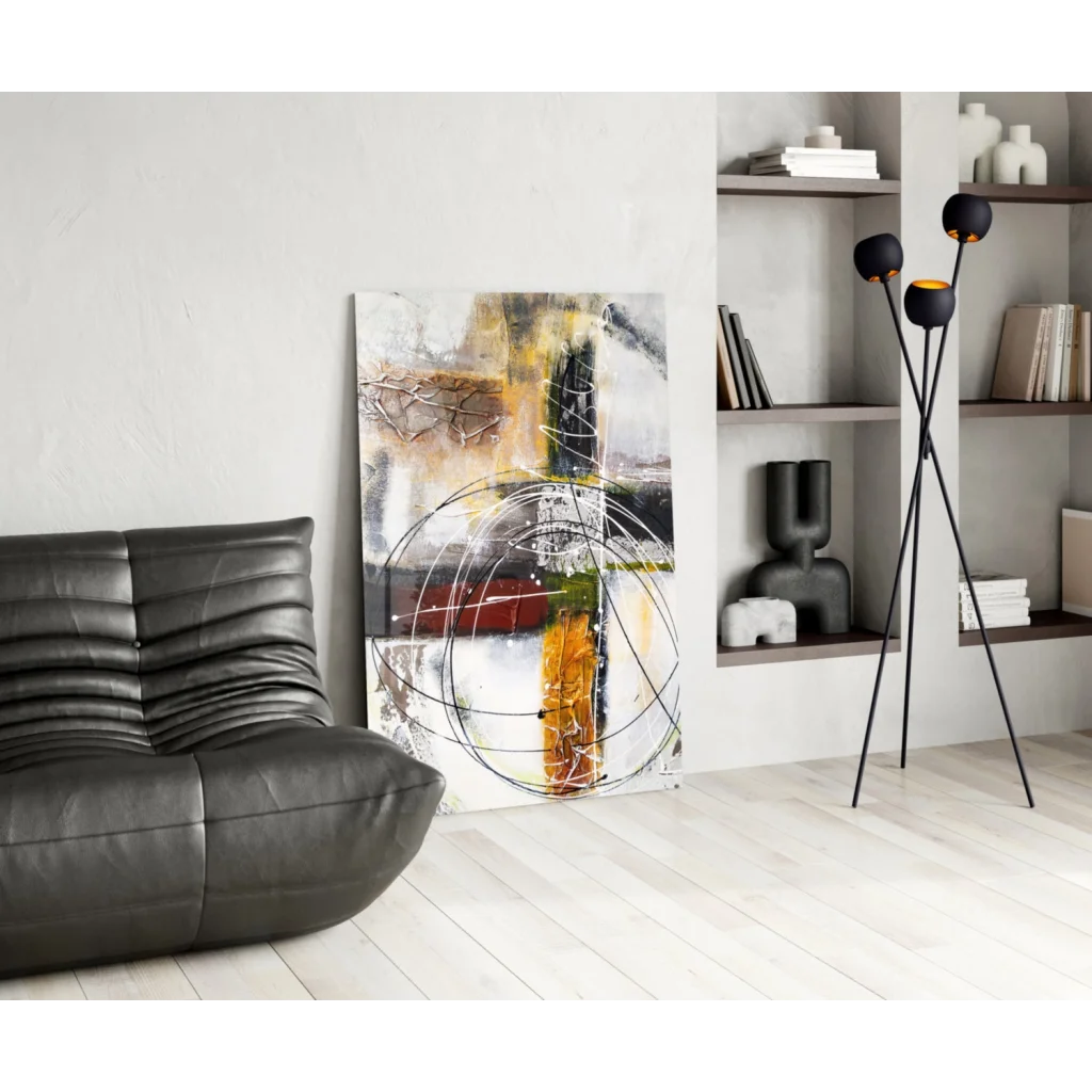 Abstract glass wall art print with bold black, white, yellow, orange, red strokes on textured canvas