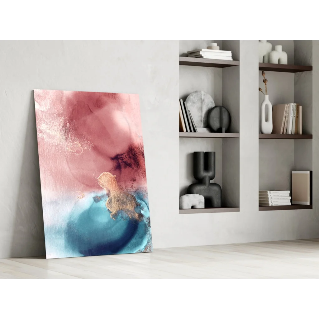 Stunning pink blue gold abstract canvas wall art with textured hues