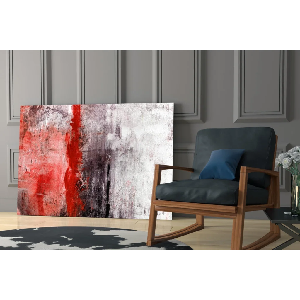 Bold red stripe abstract canvas wall art with gray and white brushstrokes